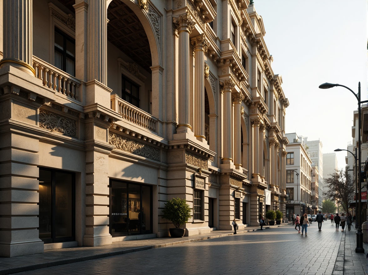 Prompt: Grandiose neoclassical facade, ornate columns, intricately carved details, symmetrical composition, rusticated base, arched windows, balconies with iron railings, limestone walls, granite pavement, urban cityscape, busy streets, vintage street lamps, morning sunlight, soft warm lighting, shallow depth of field, 1/1 composition, realistic textures, ambient occlusion.