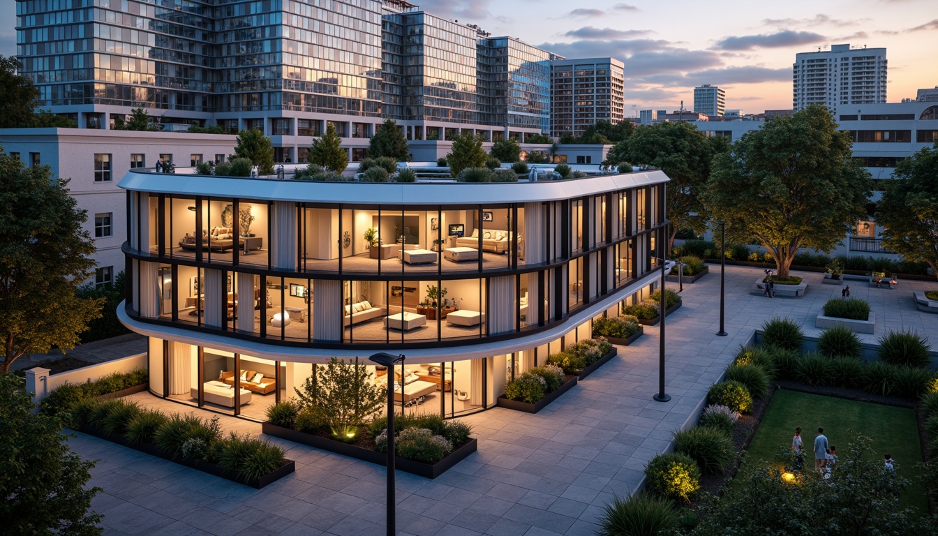 Prompt: Sleek modern residences, curved building facades, large windows, sliding glass doors, rooftop gardens, green roofs, urban parks, pedestrian walkways, bike lanes, street art, vibrant city lights, warm evening ambiance, shallow depth of field, 1/1 composition, realistic textures, ambient occlusion.