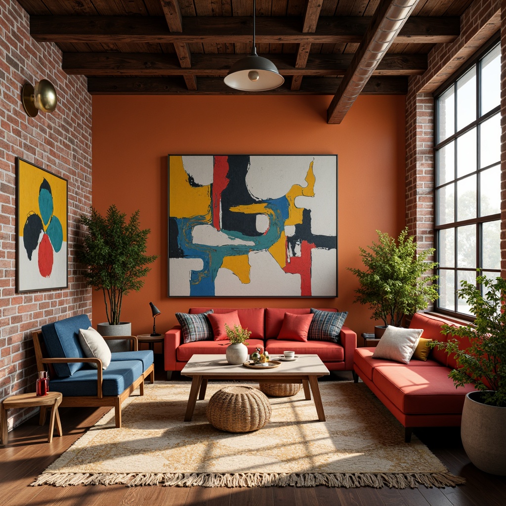 Prompt: Vibrant artistic studio, eclectic furniture, bold color blocking, contrasting textures, abstract artwork, statement lighting fixtures, industrial metal accents, reclaimed wood floors, bohemian-inspired rugs, natural fiber textiles, earthy tone ceramics, warm golden lighting, shallow depth of field, 1/1 composition, realistic renderings, ambient occlusion.