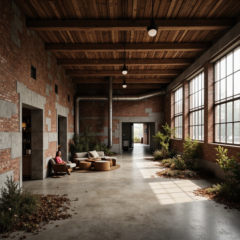 Prompt: Rustic industrial landscape, abandoned factories, worn brick walls, distressed metal roofs, reclaimed wood accents, earthy tones, natural textures, regional materials, local craftsmanship, exposed ductwork, concrete floors, steel beams, functional minimalism, industrial chic aesthetic, warm soft lighting, shallow depth of field, 1/1 composition, realistic renderings, ambient occlusion.