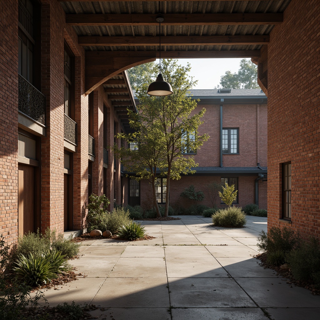 Prompt: Rustic industrial landscape, abandoned factories, worn brick walls, distressed metal roofs, reclaimed wood accents, earthy tones, natural textures, regional materials, local craftsmanship, exposed ductwork, concrete floors, steel beams, functional minimalism, industrial chic aesthetic, warm soft lighting, shallow depth of field, 1/1 composition, realistic renderings, ambient occlusion.