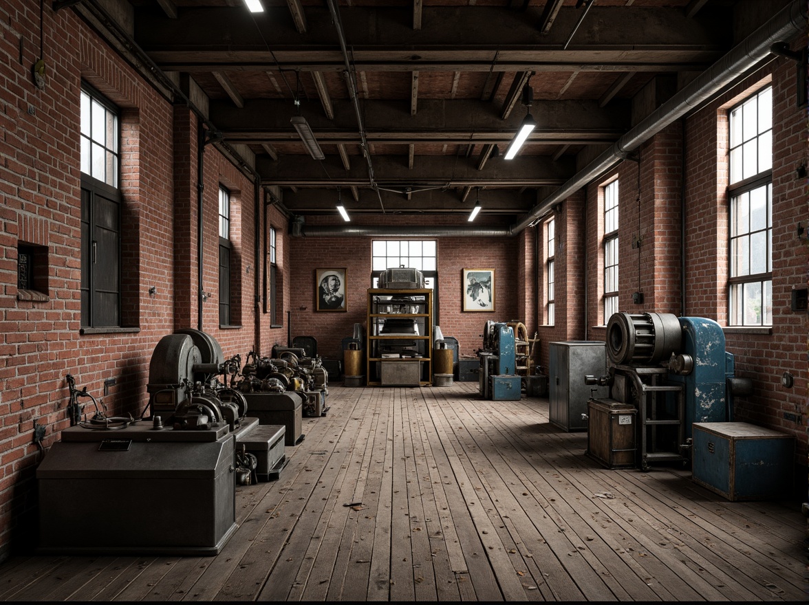 Prompt: Industrial factory setting, exposed brick walls, metal beams, worn wooden floors, vintage machinery, distressed textures, earthy tones, muted colors, rusty reds, weathered blues, faded yellows, industrial greys, urban atmosphere, gritty realism, high contrast lighting, dramatic shadows, cinematic composition, 1/2 camera angle, realistic renderings, ambient occlusion.