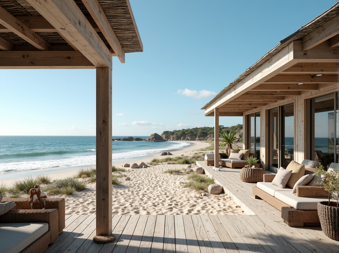 Prompt: Seaside villa, oceanfront views, sandy beaches, driftwood accents, nautical ropes, weathered wooden decks, corrugated metal roofs, large windows, sliding glass doors, beachy color palette, salty air, sea spray mist, warm sunny day, soft natural lighting, shallow depth of field, 1/1 composition, symmetrical architecture, modern coastal style, eco-friendly materials, sustainable design elements, wind-resistant structures, outdoor seating areas, beach-inspired furniture, ocean-blue hues, seashell decorations.