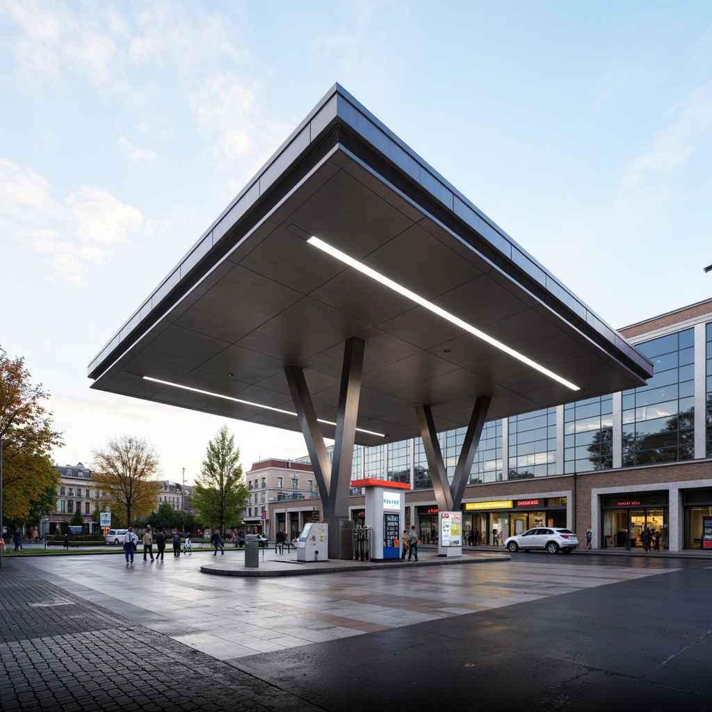 Prompt: Modern gas station, sleek canopy structure, minimalist design, angular lines, stainless steel beams, translucent roofing, natural ventilation, LED lighting, futuristic fuel pumps, digital signage, urban landscape, busy streets, morning sunlight, shallow depth of field, 1/1 composition, realistic textures, ambient occlusion.