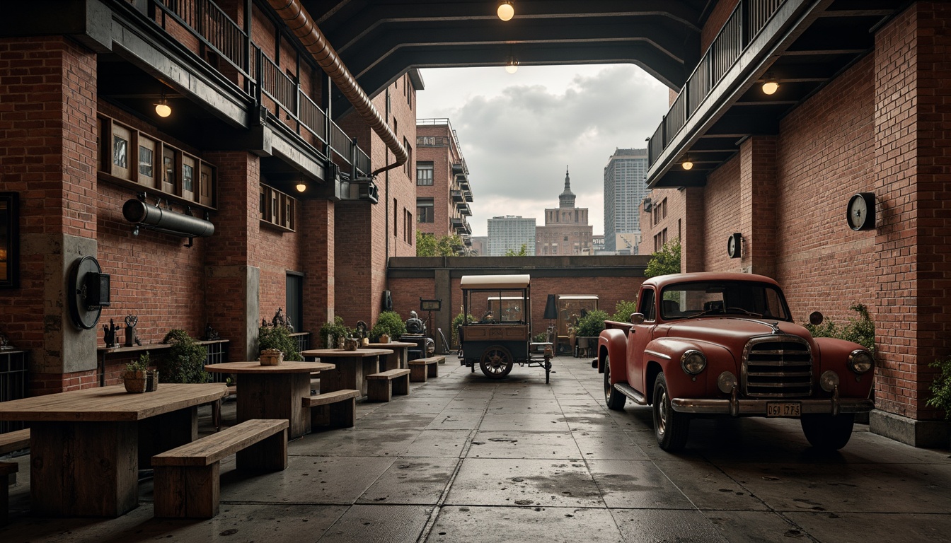 Prompt: Industrial factory setting, exposed brick walls, metal beams, worn wooden floors, distressed concrete textures, vintage machinery, rusty pipes, urban cityscape, cloudy grey skies, warm golden lighting, shallow depth of field, 1/2 composition, realistic materials, ambient occlusion, muted color palette, earthy tones, weathered steel blues, faded reds, industrial greens, creamy whites, rich browns.