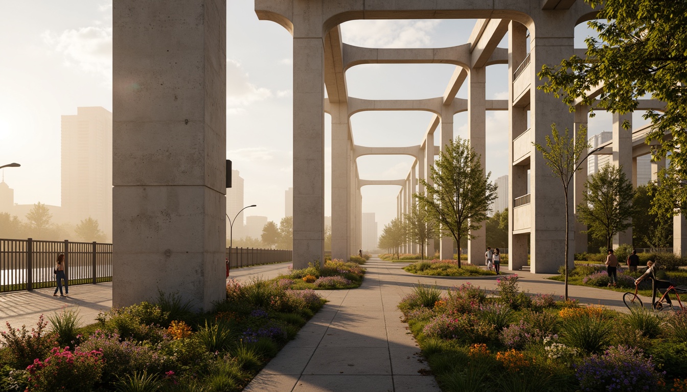 Prompt: Urban bridge, steel arches, modern infrastructure, cityscape views, misty morning fog, warm golden lighting, soft gradient skies, concrete pillars, industrial textures, metallic railings, vibrant greenery, blooming flowers, pedestrian walkways, cyclist paths, urban furniture, sleek streetlights, atmospheric perspective, 1/2 composition, realistic reflections, ambient occlusion.