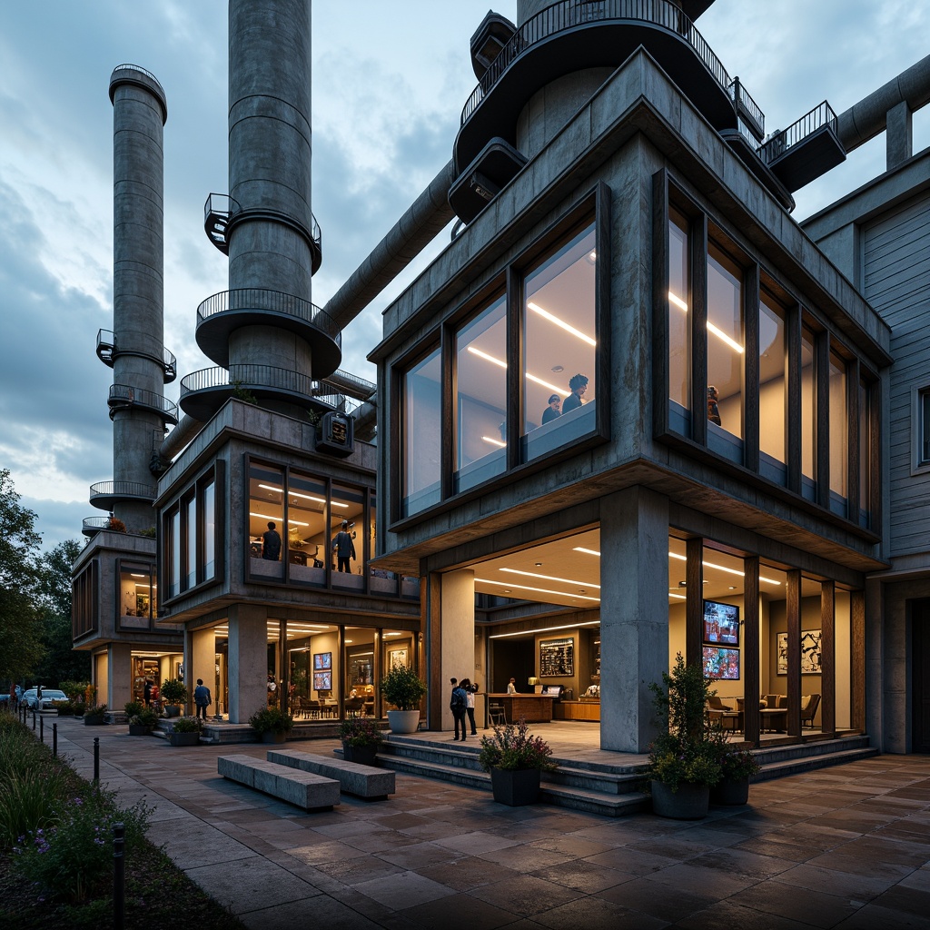 Prompt: Industrial energy plant, metallic surfaces, rusty steel beams, concrete foundations, exposed pipes, functional machinery, control rooms, warning signs, neon lights, reflective glass windows, brutalist architecture, angular lines, urban landscape, cloudy sky, dramatic lighting, high contrast, 1/1 composition, realistic textures, ambient occlusion.