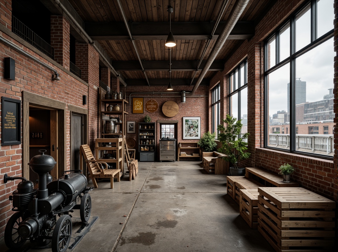 Prompt: Rustic industrial factory, exposed brick walls, metallic beams, reclaimed wood accents, distressed concrete floors, vintage machinery, urban cityscape, cloudy grey sky, warm soft lighting, shallow depth of field, 1/1 composition, realistic textures, ambient occlusion, worn wooden crates, old-fashioned lanterns, faded signage, eclectic mix of materials, post-industrial aesthetic, nostalgic atmosphere.