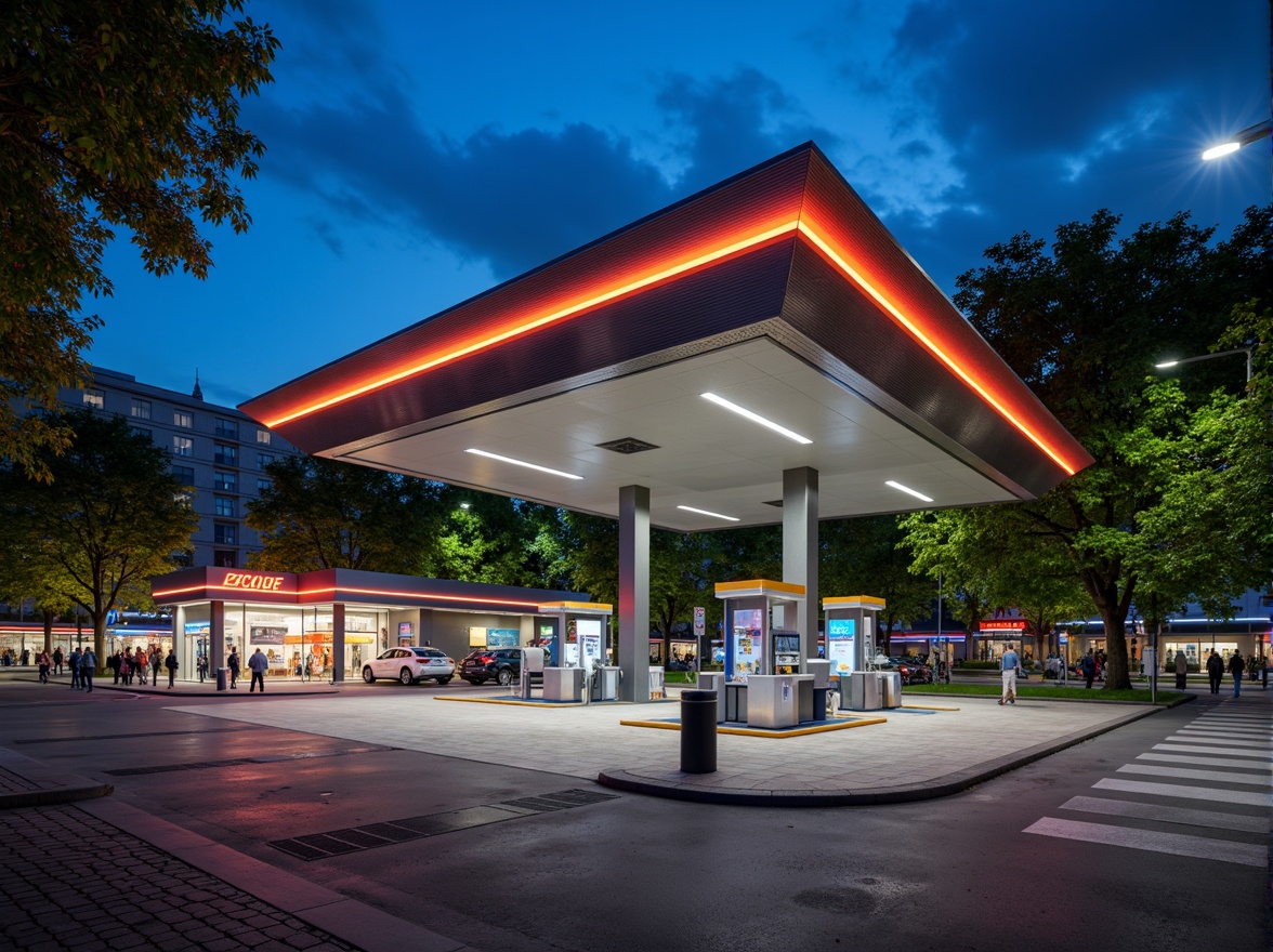 Prompt: Futuristic gas station, sleek metal facade, neon LED lights, angular lines, minimalist design, high-tech equipment, digital displays, touchless payment systems, modern fuel pumps, stainless steel canopies, cantilevered roofs, green walls, living trees, urban landscape, busy streets, vibrant city lights, shallow depth of field, 1/1 composition, realistic textures, ambient occlusion.