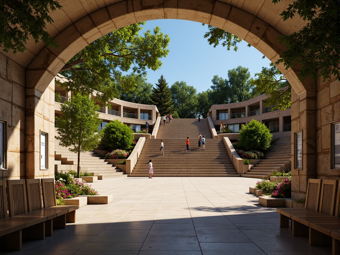 Prompt: Grand amphitheater, tiered seating, natural stone walls, lush greenery, vibrant flowers, wooden benches, educational signs, curved architecture, grand staircase, ornate railings, warm lighting, shallow depth of field, 3/4 composition, panoramic view, realistic textures, ambient occlusion.