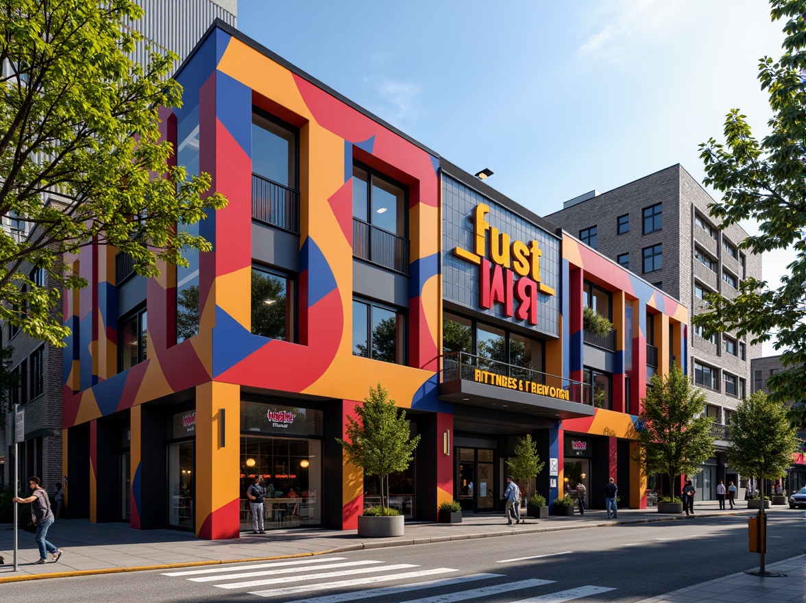 Prompt: Vibrant fitness club facade, bold color blocking, irregular shapes, fragmented forms, playful typography, neon lights, metallic accents, glass brick walls, cantilevered structures, asymmetrical composition, dynamic curves, urban cityscape, bustling streets, morning sunlight, shallow depth of field, 1/1 composition, realistic textures, ambient occlusion.