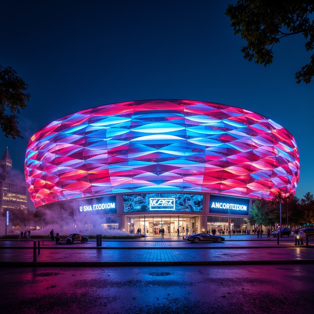 Prompt: Vibrant stadium facade, dynamic curves, bold angular lines, futuristic expressionist architecture, neon-lit LED lights, iridescent colors, abstract geometric patterns, undulating waves, sweeping arches, cantilevered structures, dramatic shadows, high-contrast lighting, atmospheric mist, 1/2 composition, low-angle shot, cinematic mood, detailed textures, ambient occlusion.