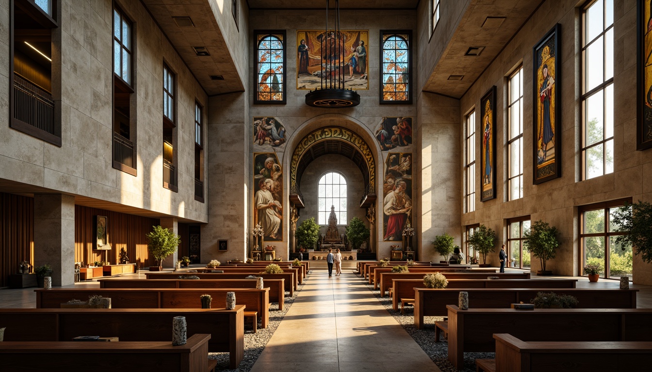 Prompt: Geometric church, brutalist fa\u00e7ade, textured concrete walls, metallic accents, stained glass windows, intricate mosaics, ornate frescoes, grandiose domes, symmetrical composition, dramatic lighting, high contrast shadows, abstract sculptures, avant-garde furnishings, minimalist pews, sacred relics, mystical ambiance, warm golden light, shallow depth of field, 1/1 composition, realistic textures, ambient occlusion.