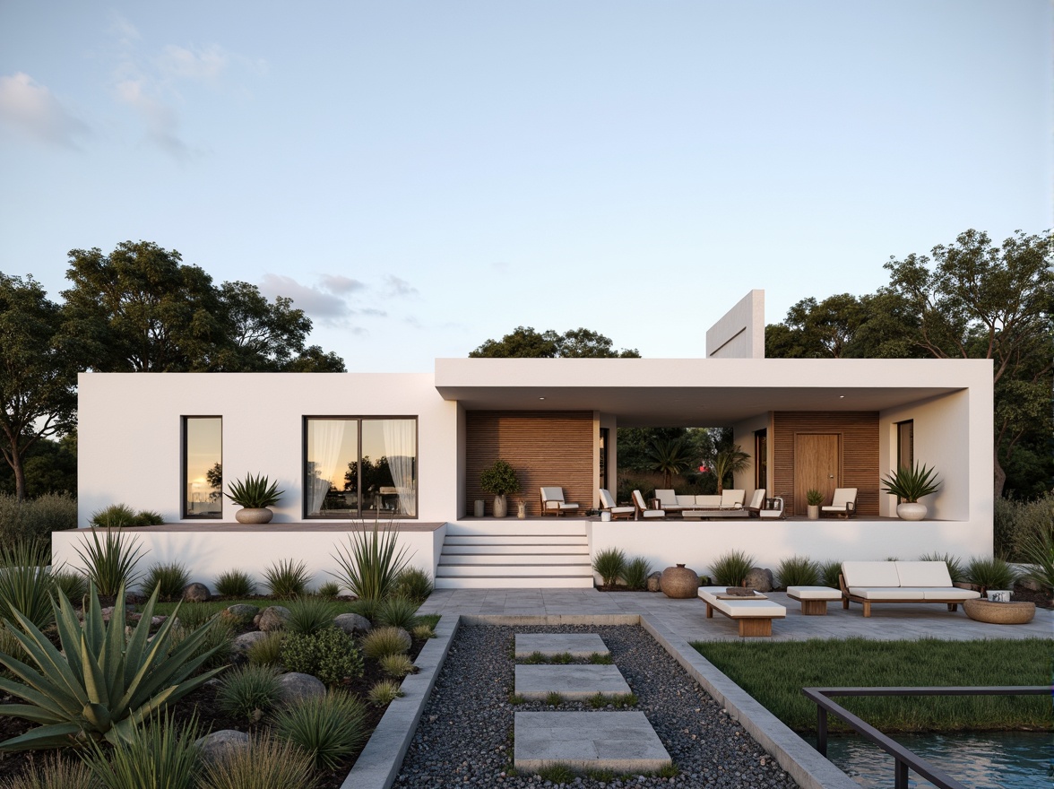 Prompt: Minimalist villa, clean lines, simple shapes, white stucco exterior, large windows, sliding glass doors, natural stone walls, wooden accents, horizontal wood slats, flat roofs, green roofs, succulent plants, gravel pathways, modern outdoor furniture, sleek metal railings, subtle lighting, warm ambient glow, soft shadows, 1/1 composition, realistic textures, ambient occlusion.