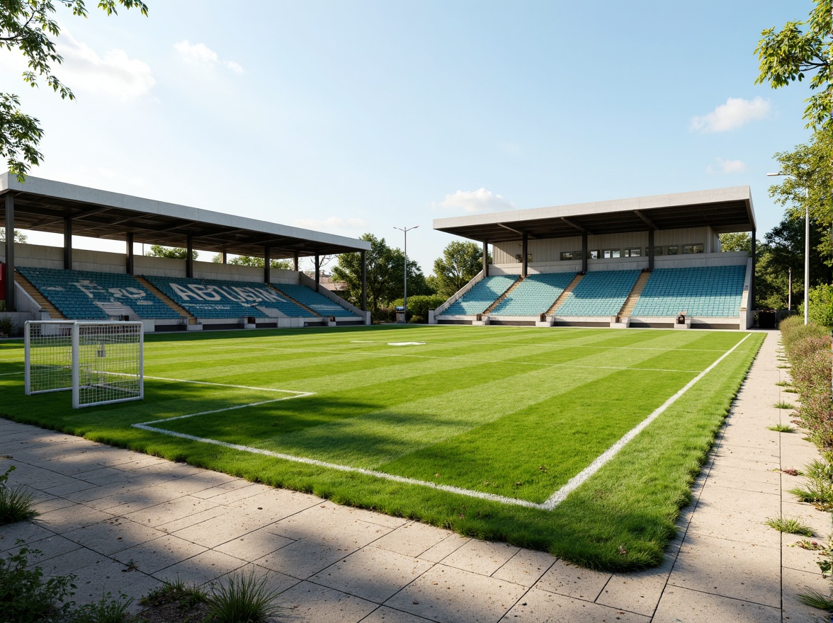 Prompt: Minimalist sports fields, lush green grass, subtle earthy tones, weathered wood bleachers, sleek metal goalposts, clean white lines, vibrant team colors, bold typography, natural stone pathways, rustic chain-link fences, clear blue skies, warm sunny days, soft diffused lighting, shallow depth of field, 3/4 composition, panoramic view, realistic textures, ambient occlusion.