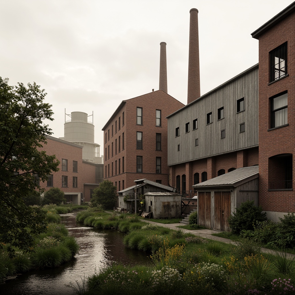 Prompt: Industrial factory complex, rustic brick buildings, corrugated metal roofs, worn concrete walls, vintage machinery, abandoned chimneys, overgrown vegetation, wildflowers, meandering streams, misty atmosphere, soft warm lighting, shallow depth of field, 3/4 composition, panoramic view, realistic textures, ambient occlusion, regionalist architectural style, functional simplicity, earthy color palette, distressed finishes, reclaimed wood accents, metal cladding, industrial heritage, nostalgic ambiance.