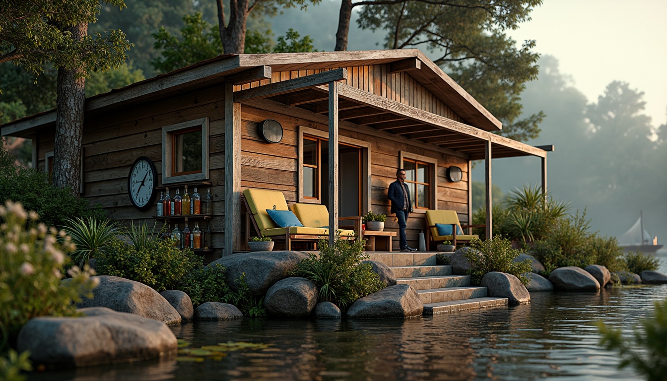 Prompt: Whimsical boathouse, eclectic facade, distressed wood textures, vintage nautical elements, rusty metal accents, colorful glass bottles, woven wicker furniture, lush greenery, overgrown vegetation, misty morning atmosphere, soft warm lighting, shallow depth of field, 1/1 composition, realistic water reflections, ambient occlusion.