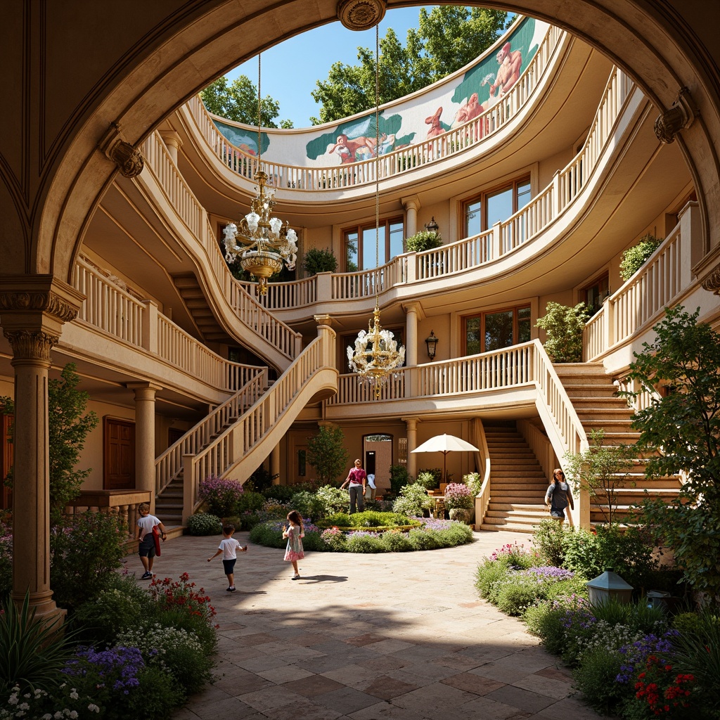 Prompt: Intricate kindergarten, ornate Baroque architecture, lavish decorations, golden accents, curved lines, grand entrance, sweeping staircases, opulent chandeliers, vibrant colorful murals, whimsical sculptures, playful fountains, lush greenery, soft warm lighting, shallow depth of field, 1/1 composition, realistic textures, ambient occlusion.