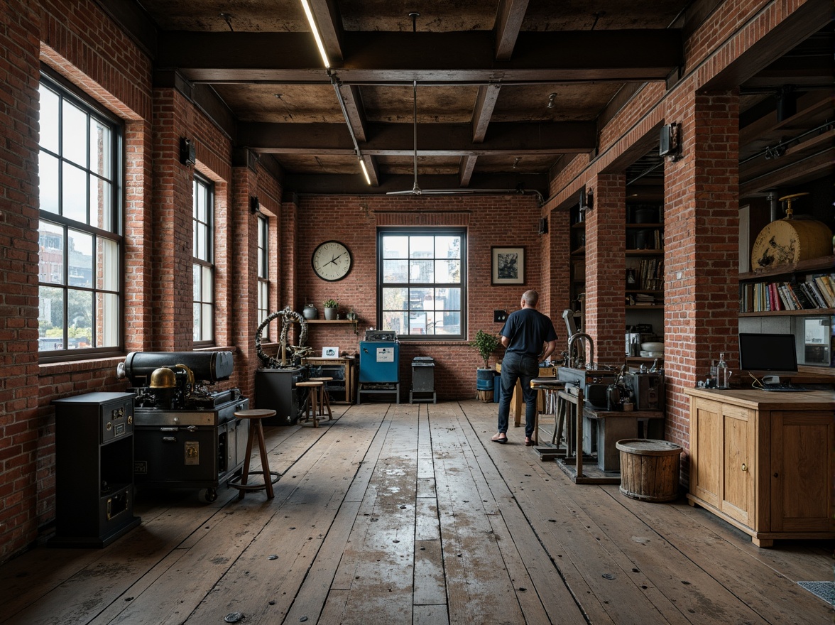 Prompt: Industrial factory setting, exposed brick walls, metal beams, worn wooden floors, vintage machinery, distressed textures, earthy tones, muted colors, rusty reds, weathered blues, faded yellows, industrial greys, urban atmosphere, gritty realism, high contrast lighting, dramatic shadows, cinematic composition, 1/2 camera angle, realistic renderings, ambient occlusion.