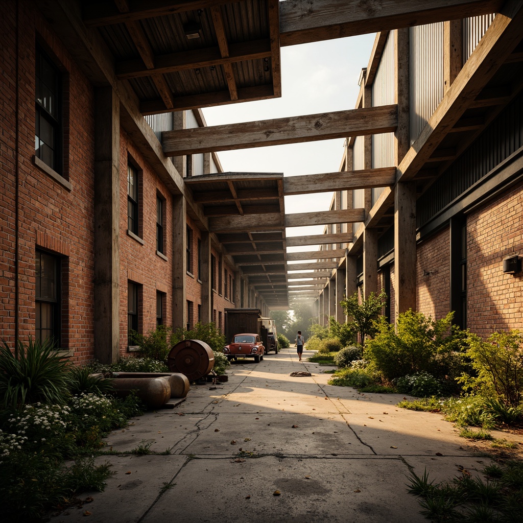 Prompt: Rustic industrial landscape, abandoned factories, distressed brick walls, corrugated metal roofs, worn wooden beams, vintage machinery, urban decay, overgrown vegetation, gritty urban atmosphere, warm golden lighting, shallow depth of field, 1/2 composition, cinematic view, realistic textures, ambient occlusion, nostalgic mood, retro-futuristic elements, exposed ductwork, concrete floors, steel columns, reclaimed wood accents, industrial chic aesthetic.