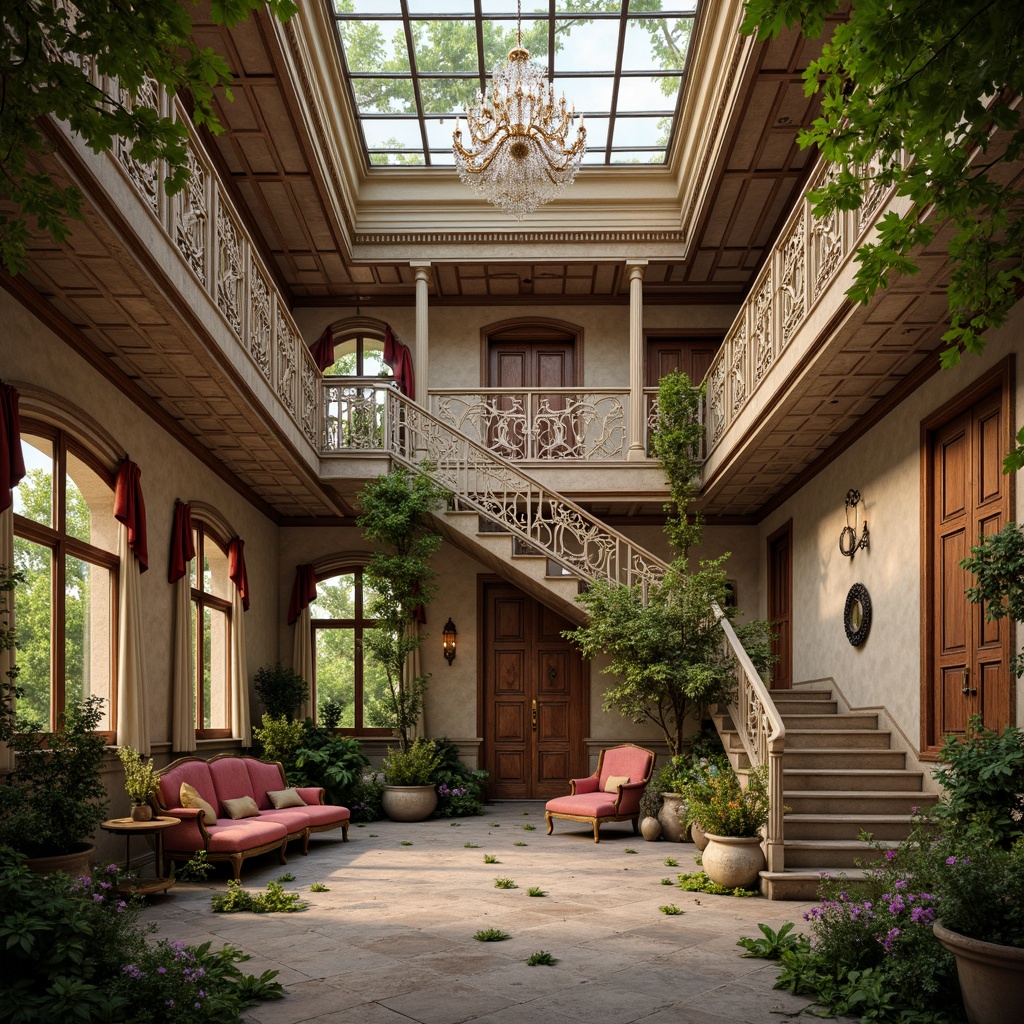 Prompt: Whimsical Victorian-era mansion, intricately carved wooden doors, ornate ironwork balconies, delicate filigree patterns, soft pastel color palette, lush greenery, blooming flowers, grand staircase, crystal chandeliers, plush velvet drapes, antique furnishings, distressed finishes, warm golden lighting, shallow depth of field, 1/1 composition, intimate atmosphere, romantic ambiance.