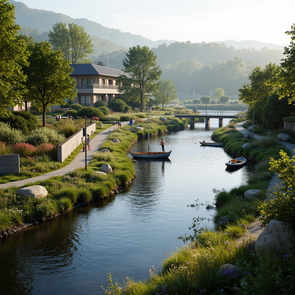 Prompt: Riverbank landscape, serene water flow, lush green vegetation, natural stone walls, wooden docks, sailboats, kayaks, paddleboards, scenic walking paths, benches, picnic areas, vibrant flowers, blooming trees, sunny day, soft warm lighting, shallow depth of field, 3/4 composition, panoramic view, realistic textures, ambient occlusion, gentle river breeze, misty atmosphere, rustic wooden bridges, meandering river streams, tranquil water reflections.