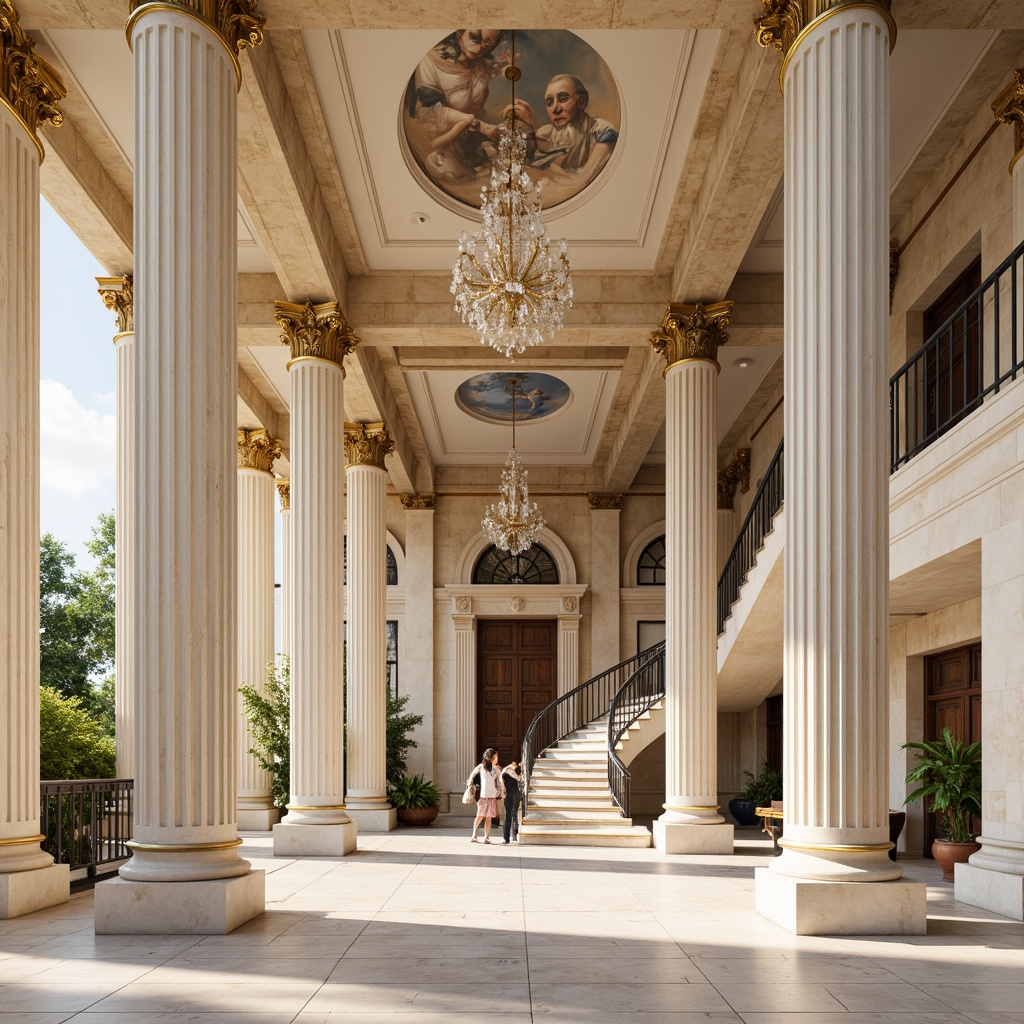 Prompt: Elegant neoclassical facade, creamy white marble columns, ornate golden details, soft beige stone walls, rich brown wooden doors, subtle cream-colored arches, refined black ironwork, majestic grand staircases, opulent crystal chandeliers, lavish fresco ceilings, warm sunny day, soft natural lighting, shallow depth of field, 1/1 composition, symmetrical view, realistic textures, ambient occlusion.