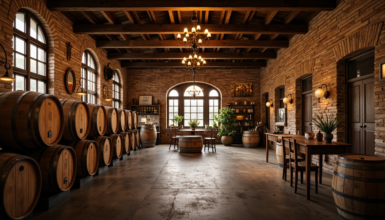 Prompt: Rustic winery, wooden barrels, stone walls, earthy tones, natural lighting, reclaimed wood accents, metal roofing, industrial chic decor, vintage wine-making equipment, exposed brick ceilings, wooden fermentation tanks, oak aging rooms, dim warm ambiance, soft golden lighting, shallow depth of field, 1/1 composition, realistic textures, ambient occlusion.