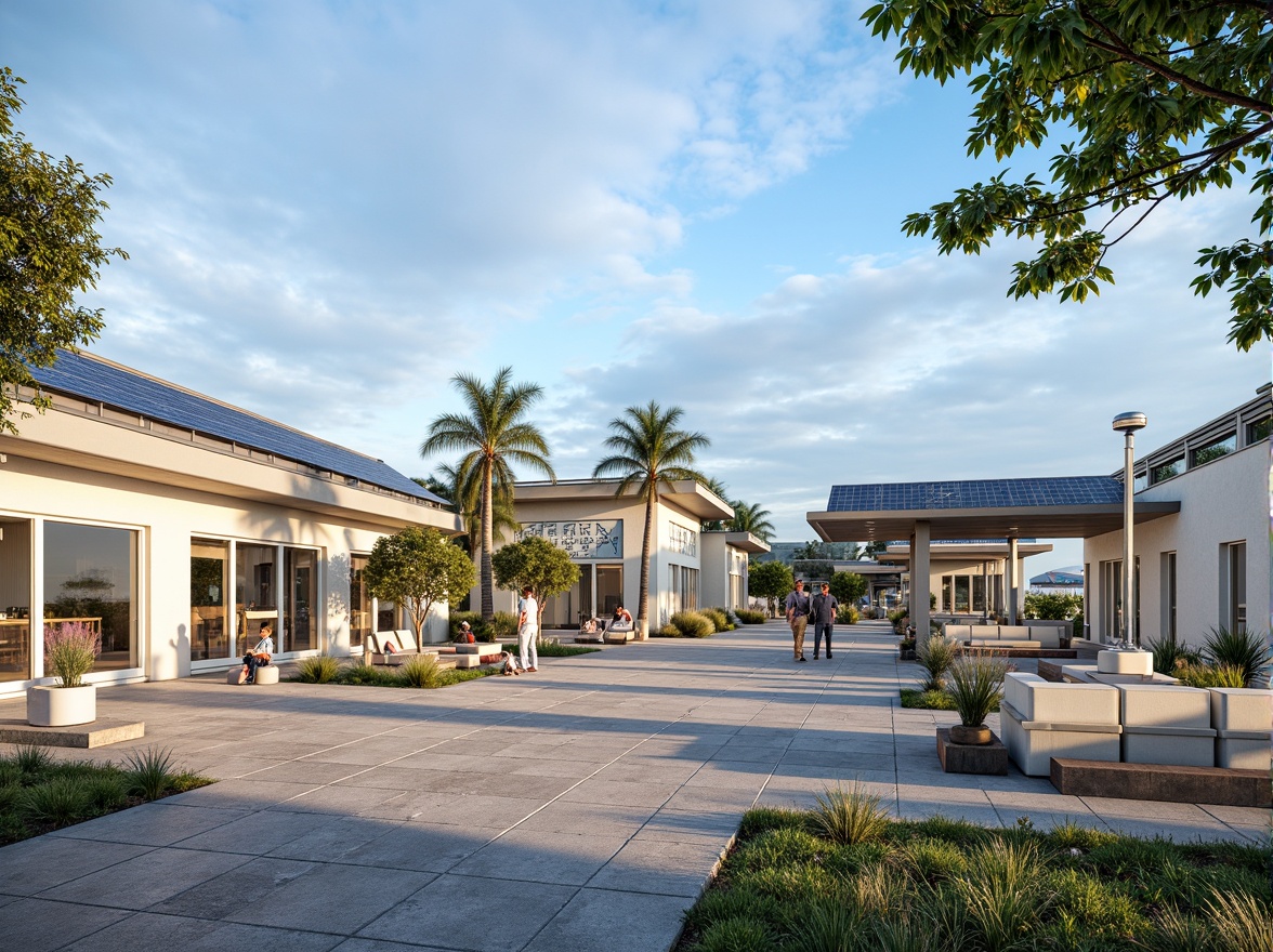 Prompt: Coastal charging station social housing, modern minimalist facade, large windows, sliding glass doors, solar panels, wind turbines, green roofs, eco-friendly materials, innovative cooling technologies, shaded outdoor spaces, misting systems, ocean-inspired color palette, calming blue hues, crisp white accents, natural stone cladding, wooden decking, nautical-themed signage, educational graphics, community gathering spaces, public art installations, soft warm lighting, shallow depth of field, 3/4 composition, panoramic view, realistic textures, ambient occlusion.