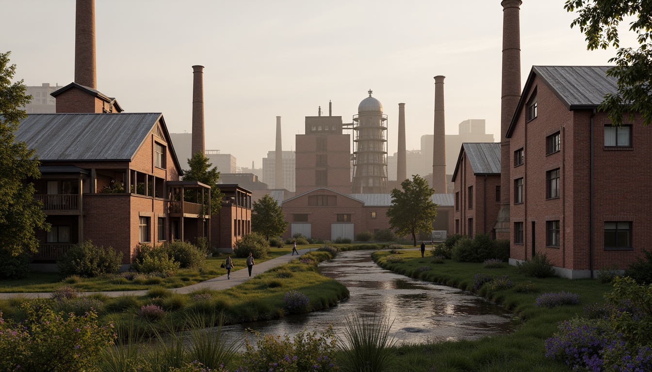 Prompt: Industrial factory complex, rustic brick buildings, corrugated metal roofs, worn concrete walls, vintage machinery, abandoned chimneys, overgrown vegetation, wildflowers, meandering streams, misty atmosphere, soft warm lighting, shallow depth of field, 3/4 composition, panoramic view, realistic textures, ambient occlusion, regionalism-inspired architecture, modern industrial design, functional spaces, exposed ductwork, metal catwalks, reclaimed wood accents, earthy color palette, natural stone pathways, weathered steel bridges.