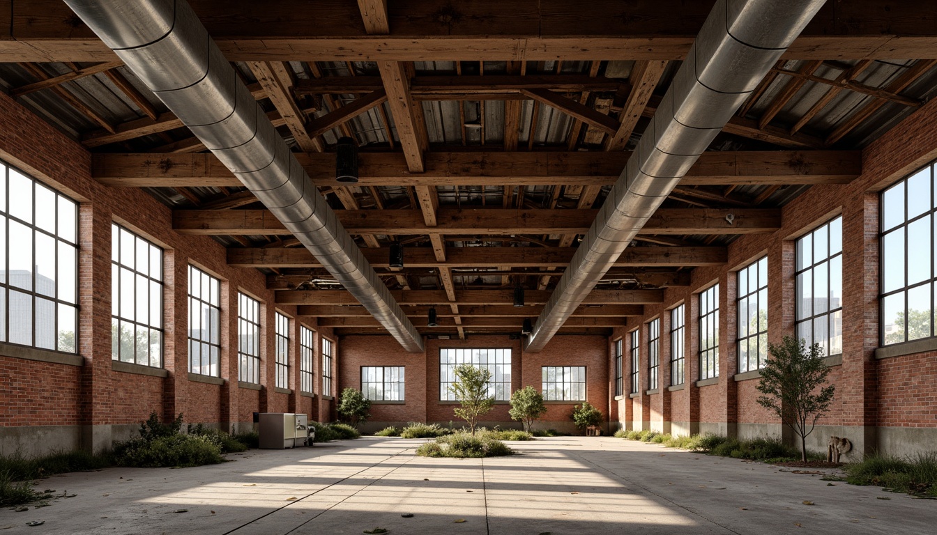 Prompt: Rustic industrial landscape, abandoned factories, worn brick walls, distressed metal roofs, reclaimed wood accents, earthy tones, natural textures, regional materials, local craftsmanship, exposed ductwork, concrete floors, steel beams, functional minimalism, industrial chic aesthetic, warm soft lighting, shallow depth of field, 1/1 composition, realistic renderings, ambient occlusion.