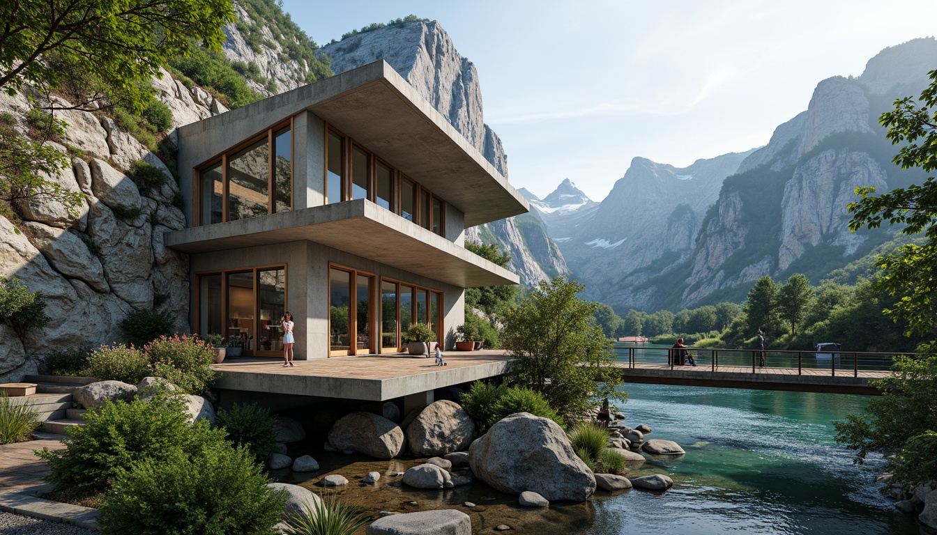 Prompt: Mountainous terrain, rugged cliffs, serene lakeside, lush green forests, meandering rivers, rustic wooden bridges, modern structuralist architecture, cantilevered roofs, angular lines, minimalist design, industrial materials, exposed concrete walls, steel beams, floor-to-ceiling windows, panoramic views, natural ventilation systems, solar panels, rainwater harvesting systems, green roofs, eco-friendly materials, innovative insulation technologies, shaded outdoor spaces, misting systems, abstract geometric patterns, vibrant colorful accents, intricate metalwork details.