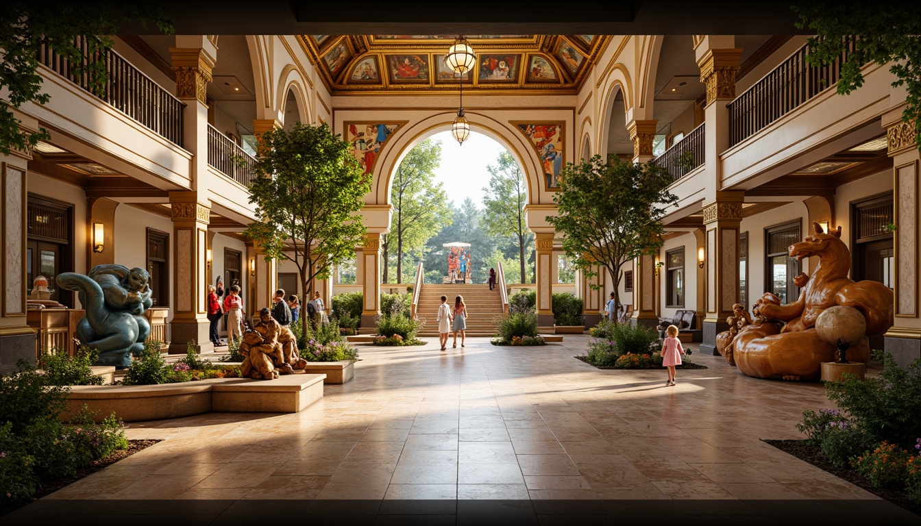 Prompt: Intricate kindergarten, ornate Baroque architecture, lavish decorations, golden accents, curved lines, grand entrance, sweeping staircases, opulent chandeliers, vibrant colorful murals, whimsical sculptures, playful fountains, lush greenery, soft warm lighting, shallow depth of field, 1/1 composition, realistic textures, ambient occlusion.