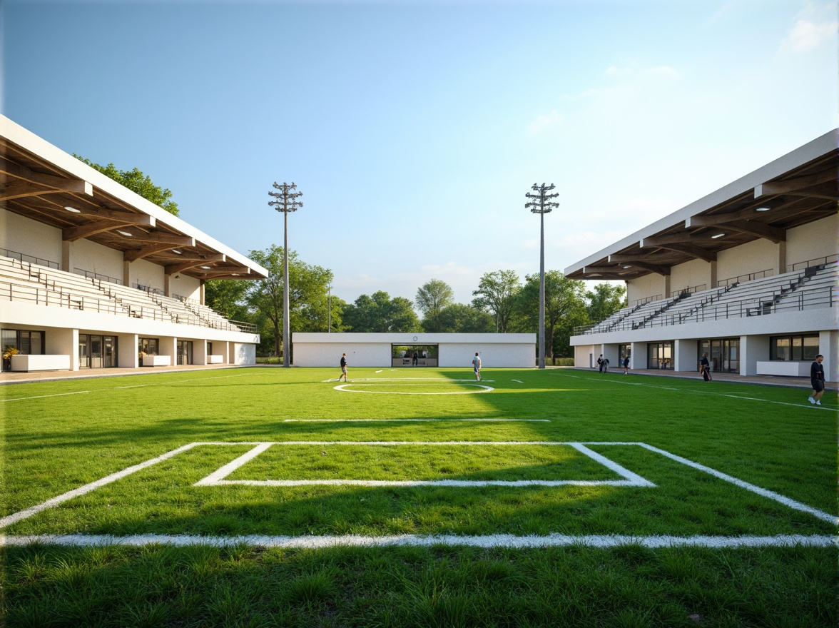 Prompt: Simple sports field, lush green grass, white goalposts, minimalist bleachers, clean lines, modernist architecture, sleek metal fences, natural stone pathways, sparse trees, clear blue sky, sunny day, soft warm lighting, shallow depth of field, 3/4 composition, panoramic view, realistic textures, ambient occlusion.