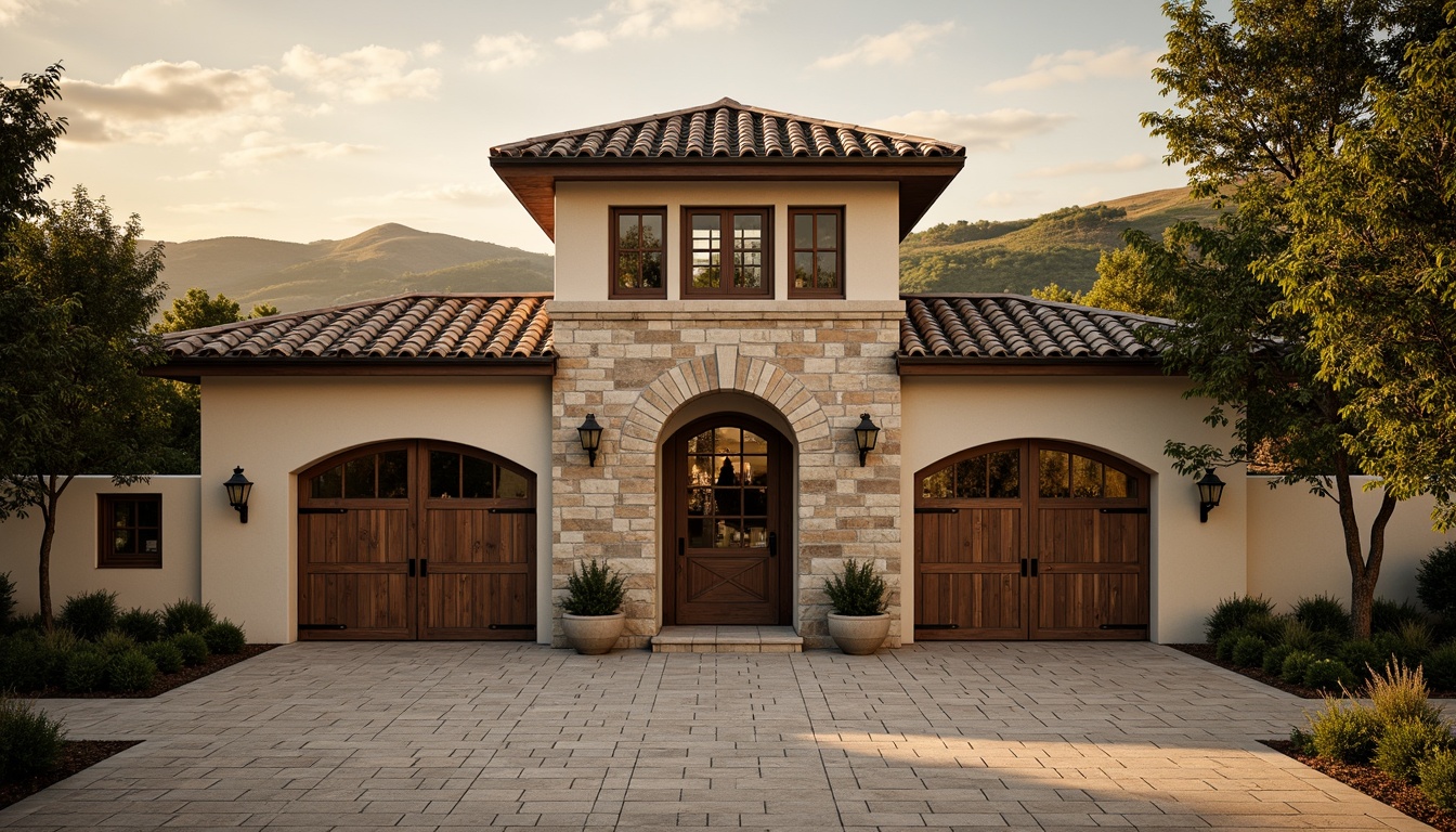 Prompt: Rustic winery facade, stone walls, wooden accents, ornate metalwork, grand entrance gates, vineyard views, rolling hills, Tuscan countryside, warm golden lighting, soft focus, shallow depth of field, 1/2 composition, symmetrical architecture, classic Renaissance style, arched windows, decorative cornices, rustic stonework, earthy tones, natural textures, ambient occlusion.