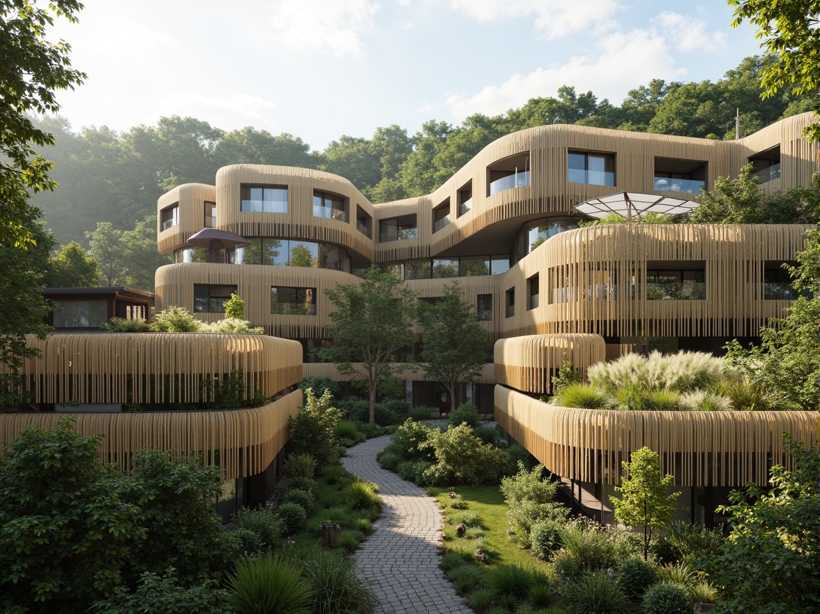 Prompt: Eco-friendly buildings, lush green roofs, solar panels, wind turbines, rainwater harvesting systems, natural ventilation, recycled materials, bamboo facades, living walls, organic shapes, curved lines, earthy tones, serene atmosphere, soft natural lighting, shallow depth of field, 3/4 composition, panoramic view, realistic textures, ambient occlusion.