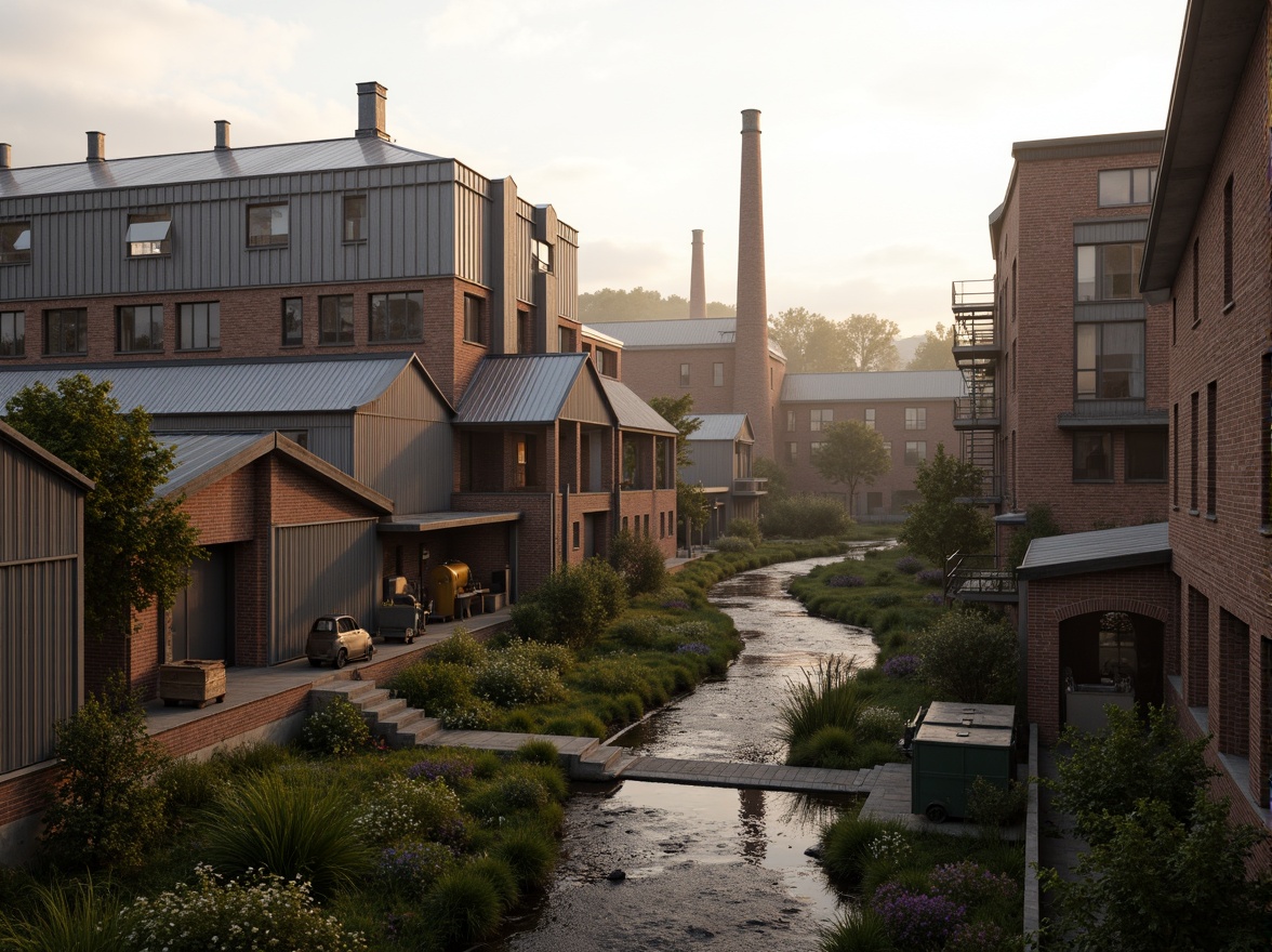 Prompt: Industrial factory complex, rustic brick buildings, corrugated metal roofs, worn concrete walls, vintage machinery, abandoned chimneys, overgrown vegetation, wildflowers, meandering streams, misty atmosphere, soft warm lighting, shallow depth of field, 3/4 composition, panoramic view, realistic textures, ambient occlusion, regionalism-inspired architecture, modern industrial design, functional spaces, exposed ductwork, metal catwalks, reclaimed wood accents, earthy color palette, natural stone pathways, weathered steel bridges.