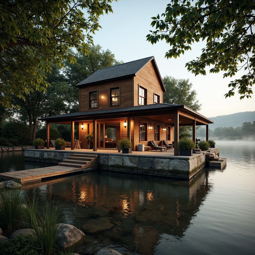 Prompt: Rustic boathouse, wooden dock, serene lake waters, lush greenery, overhanging trees, vintage nautical elements, distressed wood textures, earthy color palette, natural stone foundations, classic architectural details, ornate metalwork, lantern-style lighting, warm golden hour, soft misty atmosphere, shallow depth of field, 1/2 composition, symmetrical framing, realistic water reflections, ambient occlusion.