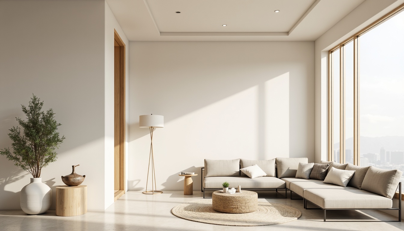 Prompt: Monochromatic minimalistic interior, soft creamy whites, gentle beige tones, subtle gray accents, natural wood textures, sleek metal frames, minimalist furniture, sparse decorative elements, ample negative space, warm diffused lighting, shallow depth of field, 1/1 composition, realistic renderings, ambient occlusion.