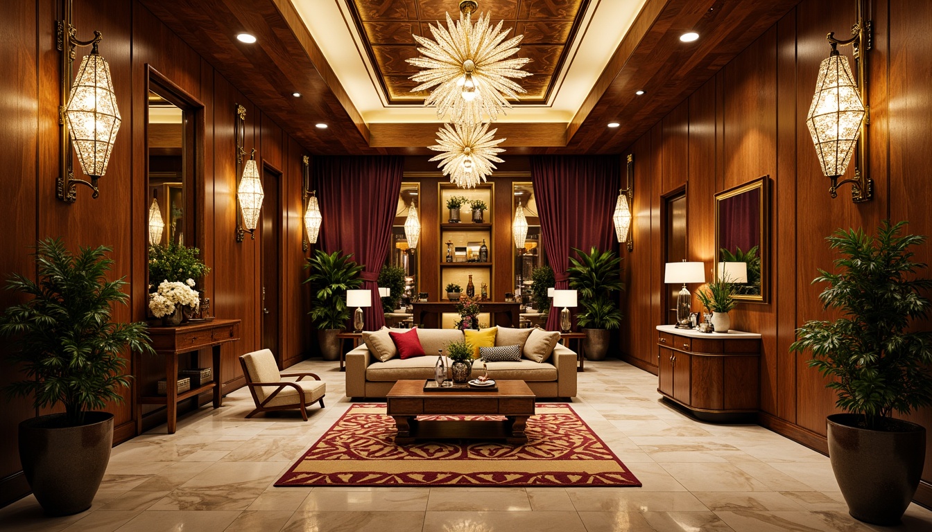 Prompt: Luxurious Art Deco residence, ornate metalwork, polished chrome accents, rich wood paneling, marble flooring, geometric patterned rugs, lavish furnishings, opulent chandeliers, sunburst motifs, zigzag designs, bold color schemes, metallic sheen, high-gloss finishes, sleek lines, curved silhouettes, vintage decorative fixtures, luxurious textiles, velvet drapes, ornate mirrors, glamorous ambiance, warm golden lighting, shallow depth of field, 1/1 composition, realistic reflections.