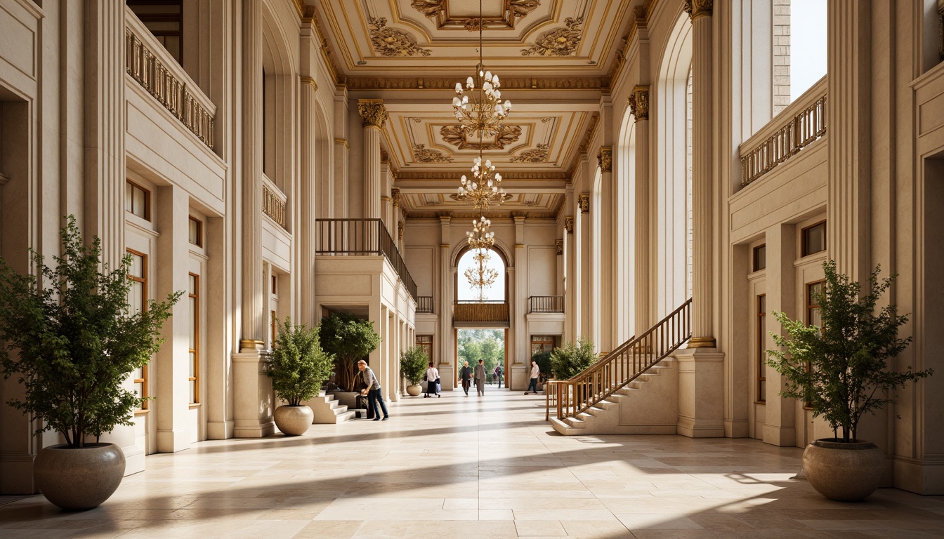 Prompt: Elegant classical architecture, ornate columns, intricately carved details, soft warm beige, rich golden brown, creamy white marble, subtle earthy tones, muted greenery, lush ivy, delicate florals, refined bronze accents, ornamental moldings, grandiose staircases, lavish chandeliers, dramatic high ceilings, warm soft lighting, shallow depth of field, 2/3 composition, symmetrical framing, realistic textures, ambient occlusion.