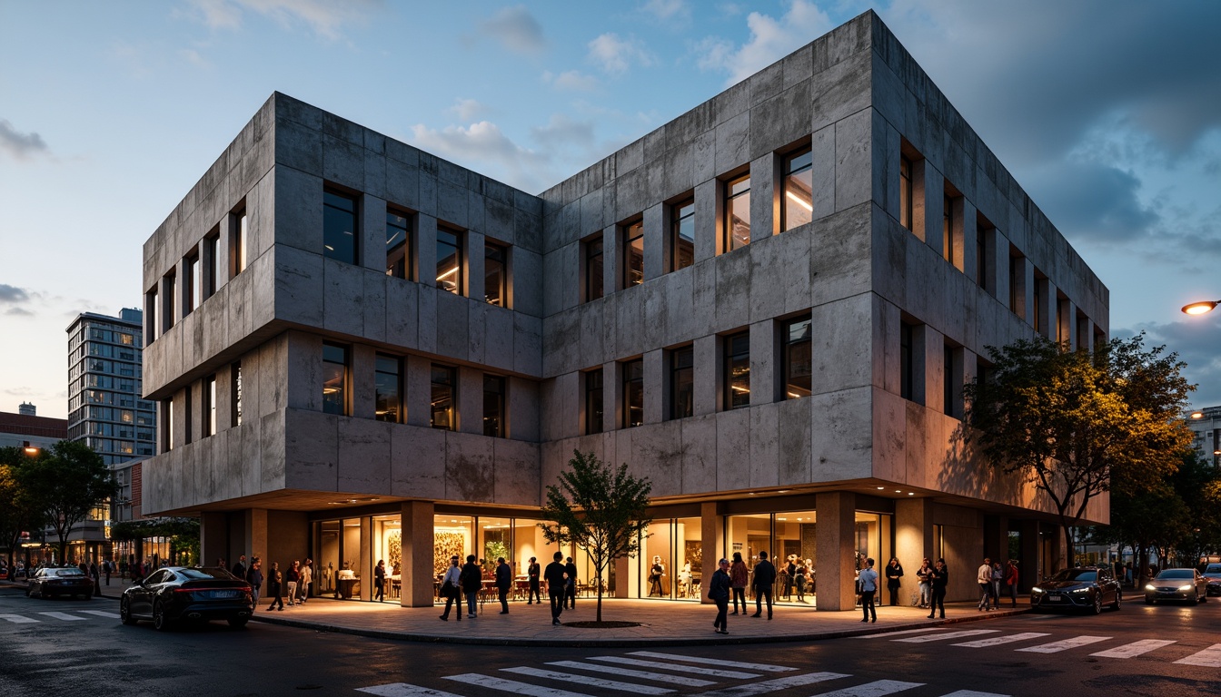 Prompt: Rhythmic concert house, brutalist architecture, raw concrete textures, angular lines, geometric shapes, industrial materials, metallic accents, dynamic lighting effects, urban cityscape, evening atmosphere, warm golden hour, shallow depth of field, 1/2 composition, symmetrical framing, high-contrast colors, abstract patterns, avant-garde design elements.