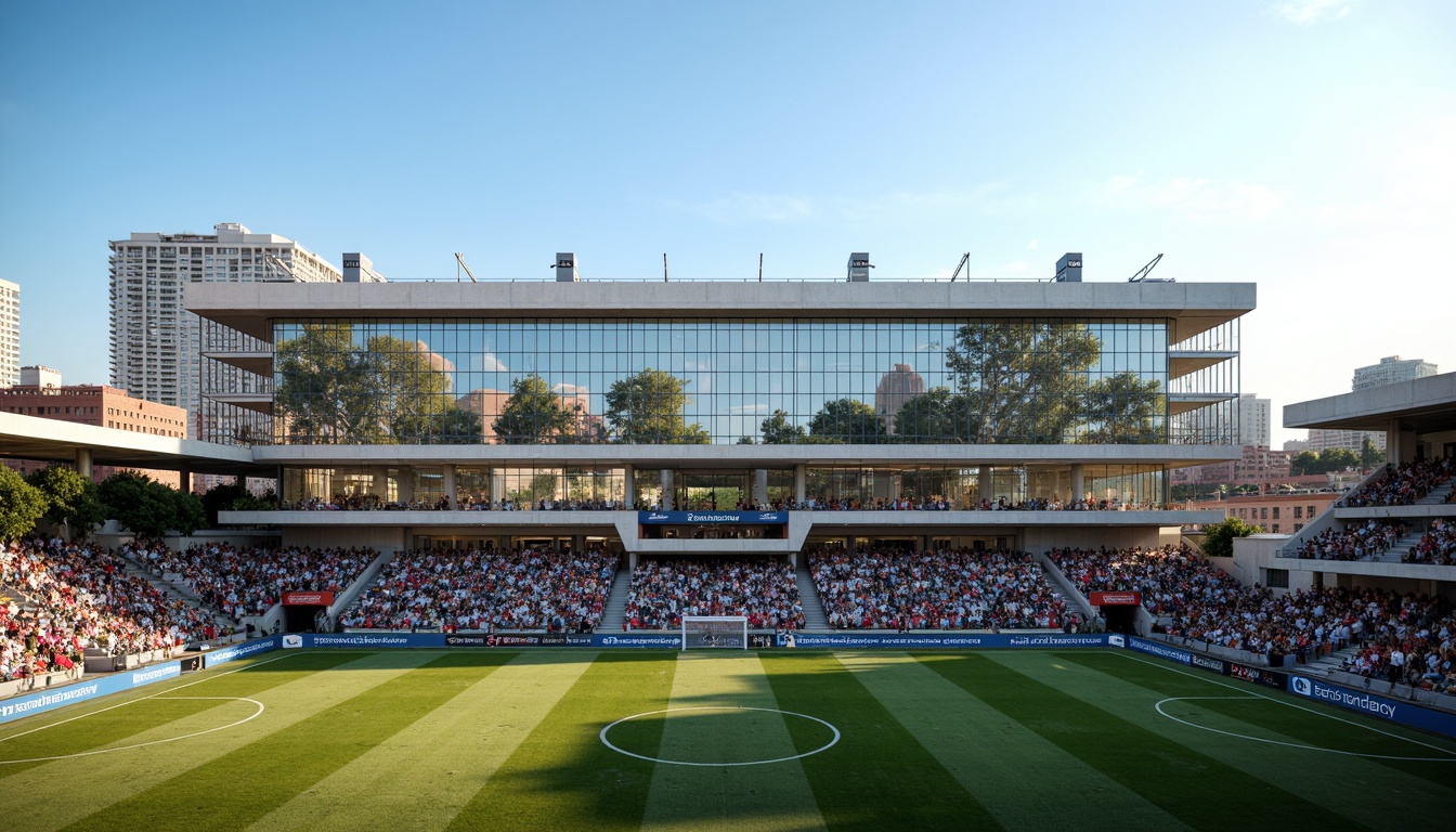 Prompt: Modern soccer stadium housing, sleek metal fa\u00e7ade, transparent glass walls, cantilevered roofs, vibrant team color accents, durable concrete floors, weather-resistant exterior cladding, energy-efficient LED lighting, spacious player lounges, state-of-the-art locker rooms, advanced athletic training facilities, panoramic views of the pitch, dynamic crowd seating areas, urban cityscape backdrop, clear blue sky, warm sunny day, shallow depth of field, 3/4 composition, realistic textures, ambient occlusion.