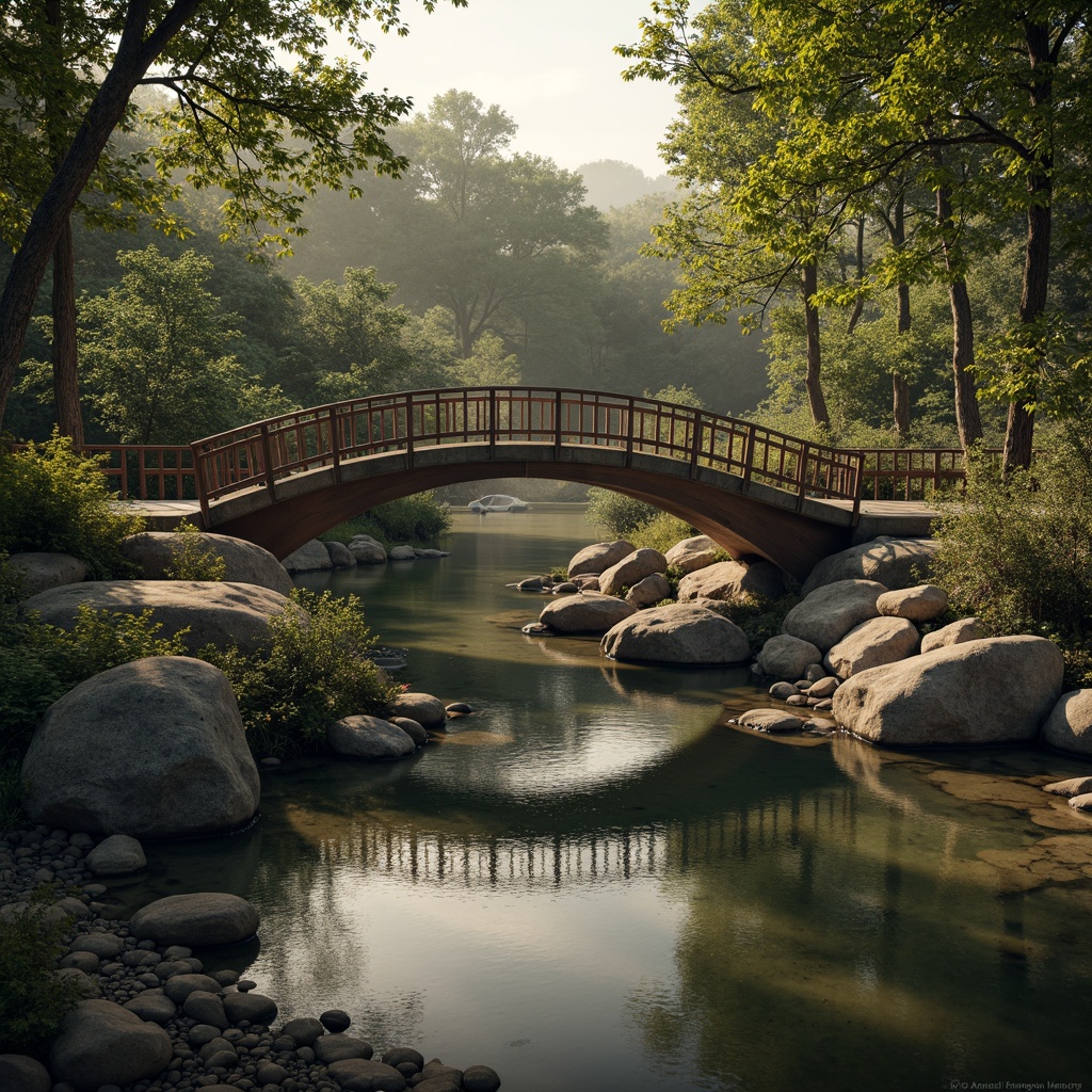 Prompt: Curved organic bridge, natural stone foundations, lush greenery surroundings, serene water flow, gentle stream crossings, wooden railings, rustic metal accents, earthy color palette, blended landscape integration, soft warm lighting, misty morning atmosphere, shallow depth of field, 1/1 composition, realistic textures, ambient occlusion.