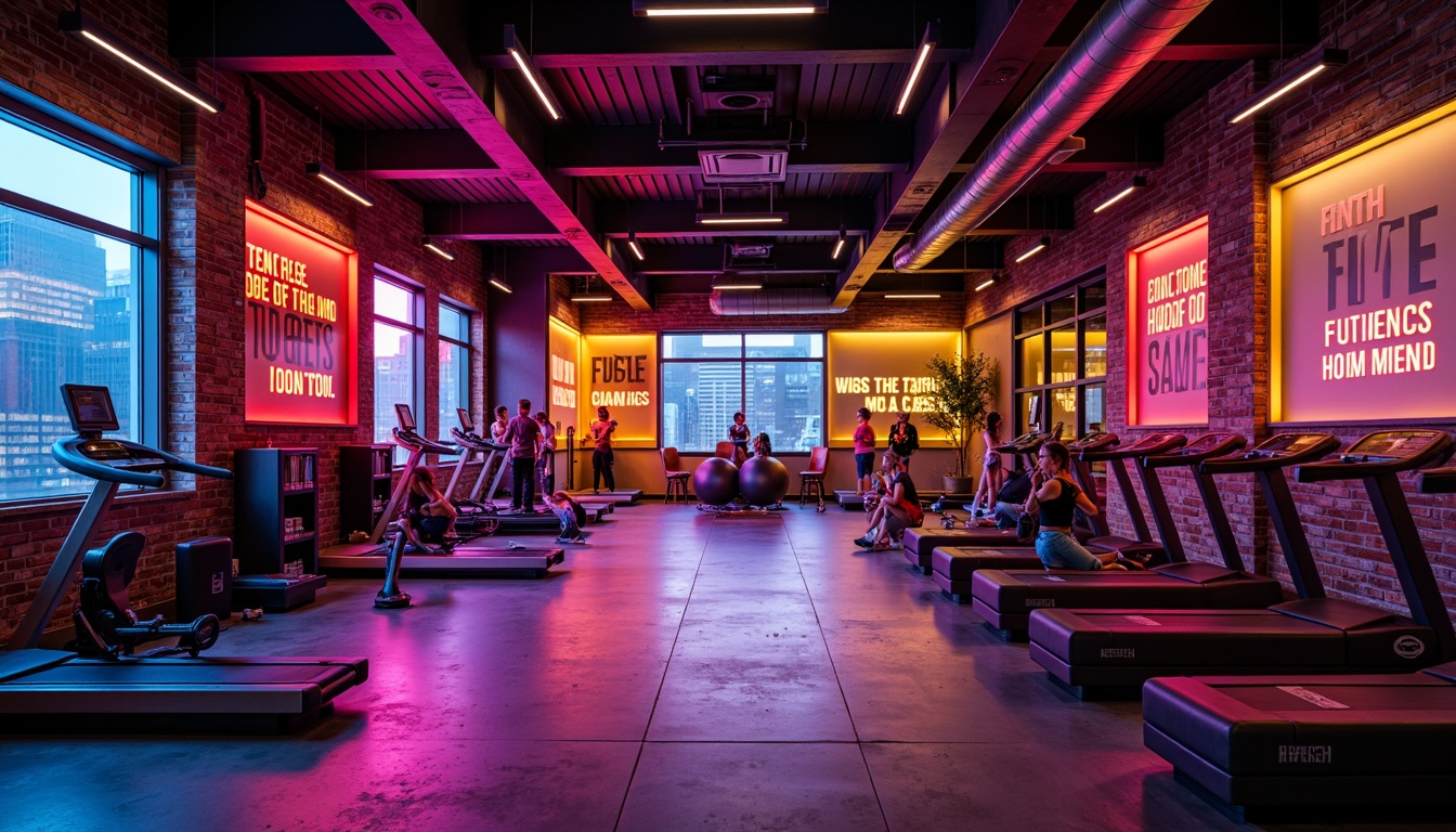 Prompt: Vibrant fitness club, energetic atmosphere, bold color scheme, neon lights, dark wood accents, metallic equipment, motivational quotes, industrial chic decor, urban loft style, exposed brick walls, polished concrete floors, dynamic lighting effects, high-contrast colors, intense reds, deep blues, electric yellows, sleek modern furniture, minimalist design, functional layout, state-of-the-art technology, futuristic ambiance, 3/4 composition, shallow depth of field, realistic textures.