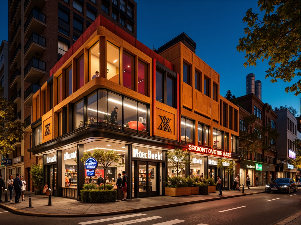 Prompt: Vibrant pub facade, eclectic postmodernist architecture, bold color blocking, irregular shapes, playful ornate details, distressed textures, exposed ductwork, industrial chic aesthetic, neon signage, bustling street scene, urban nightlife atmosphere, warm golden lighting, shallow depth of field, 1/2 composition, dramatic shadows, high-contrast colors, gritty realistic render.