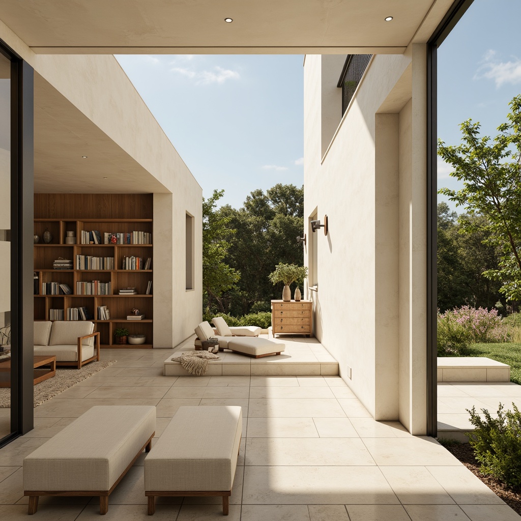 Prompt: Minimalist villa, clean lines, simple shapes, monochromatic color scheme, soft beige walls, creamy white accents, warm wooden floors, natural stone textures, lush greenery surroundings, serene atmosphere, abundant natural light, floor-to-ceiling windows, sliding glass doors, cozy reading nooks, built-in shelving units, subtle ambient lighting, 1/1 composition, shallow depth of field, realistic renderings.