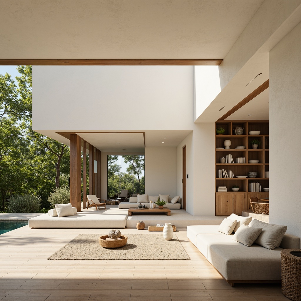 Prompt: Minimalist villa, clean lines, simple shapes, monochromatic color scheme, soft beige walls, creamy white accents, warm wooden floors, natural stone textures, lush greenery surroundings, serene atmosphere, abundant natural light, floor-to-ceiling windows, sliding glass doors, cozy reading nooks, built-in shelving units, subtle ambient lighting, 1/1 composition, shallow depth of field, realistic renderings.