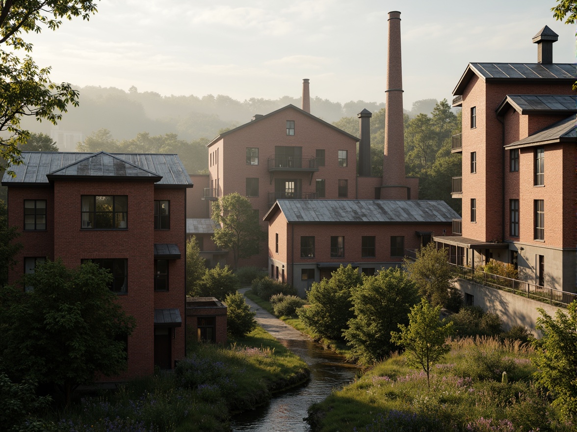 Prompt: Industrial factory complex, rustic brick buildings, corrugated metal roofs, worn concrete walls, vintage machinery, abandoned chimneys, overgrown vegetation, wildflowers, meandering streams, misty atmosphere, soft warm lighting, shallow depth of field, 3/4 composition, panoramic view, realistic textures, ambient occlusion, regionalism-inspired architecture, modern industrial design, functional spaces, exposed ductwork, metal catwalks, reclaimed wood accents, earthy color palette, natural stone pathways, weathered steel bridges.