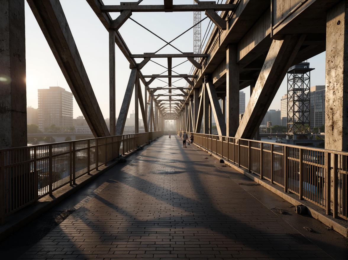 Prompt: Rustic steel bridges, industrial architecture, exposed beams, reinforced concrete pillars, suspension cables, metallic latticework, urban cityscape, misty morning atmosphere, soft warm lighting, shallow depth of field, 3/4 composition, panoramic view, realistic textures, ambient occlusion, intricate structural details, geometric patterns, modern engineering marvels, safety inspection equipment, construction cranes, warning signs, safety nets.